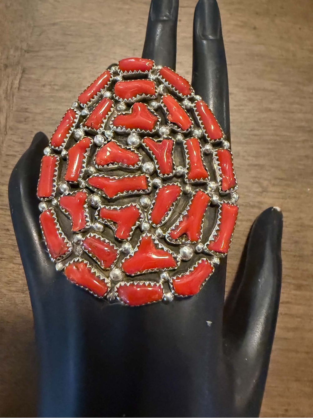 Navajo sterling silver red coral  adjustable ring